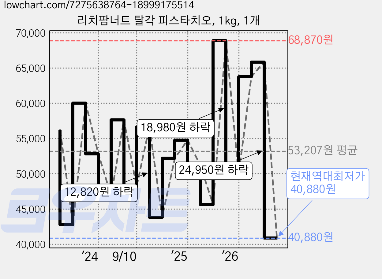 리치팜너트 탈각 피스타치오, 1kg, 1개 가격 변동 차트, 현재가 40,880원, 역대최저가