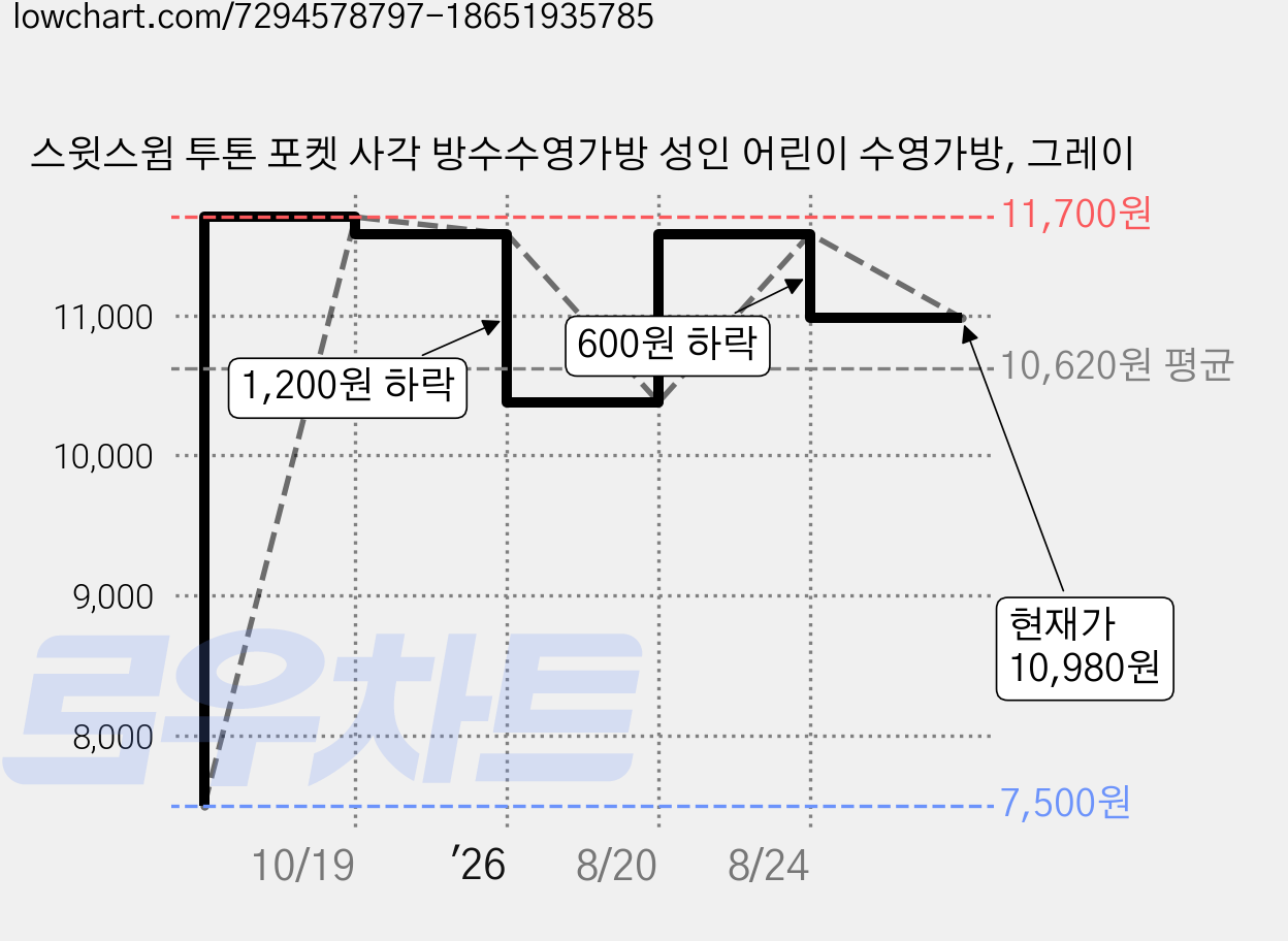 스윗스윔 투톤 포켓 사각 방수수영가방 성인 어린이 수영가방, 그레이 가격 변동 차트, 현재가 10,980원, 관측 최저가 7,500원