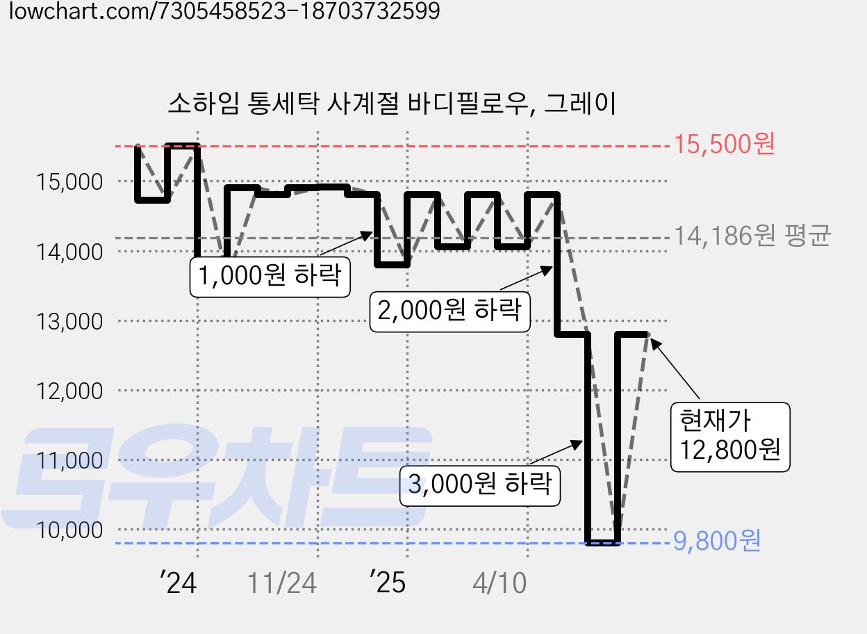 소하임 통세탁 사계절 바디필로우, 그레이 가격 변동 차트, 현재가 12,800원, 관측 최저가 9,800원