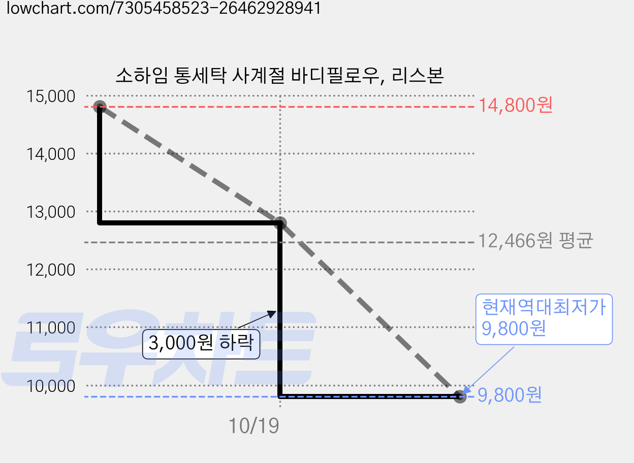 소하임 통세탁 사계절 바디필로우, 리스본 가격 변동 차트, 현재가 9,800원, 역대최저가