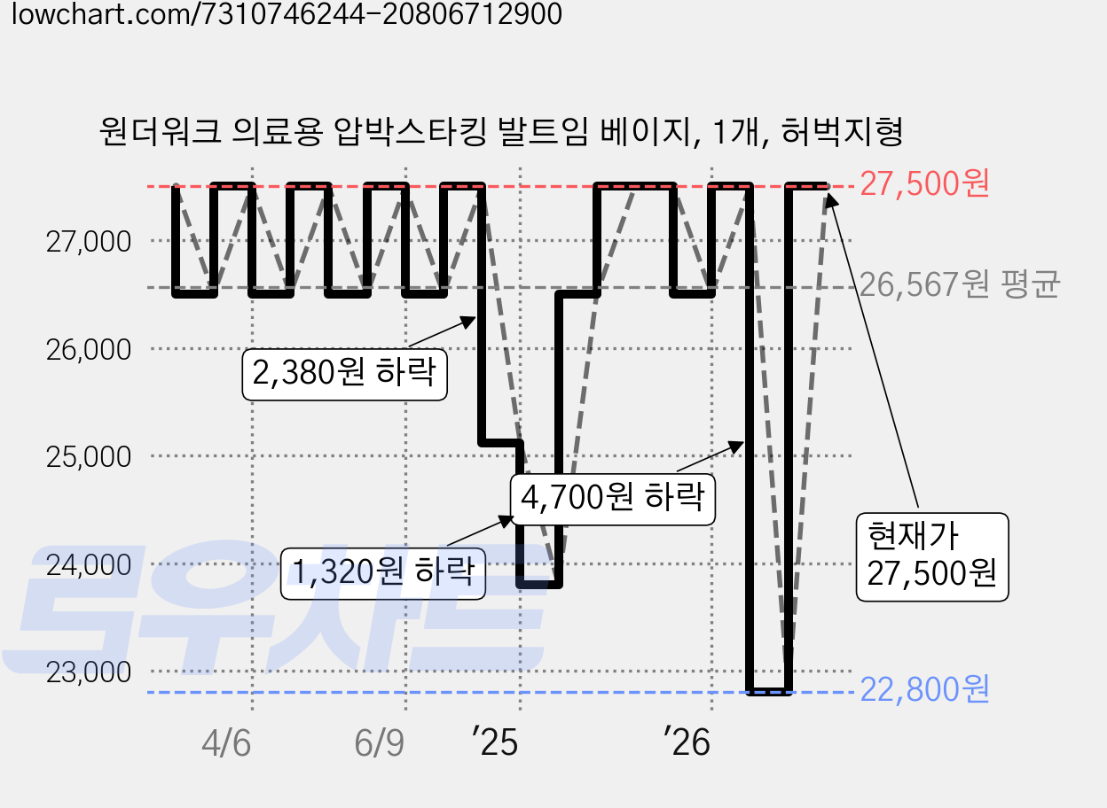 원더워크 의료용 압박스타킹 발트임 베이지, 1개, 허벅지형 가격 변동 차트, 현재가 27,500원, 관측 최저가 22,800원