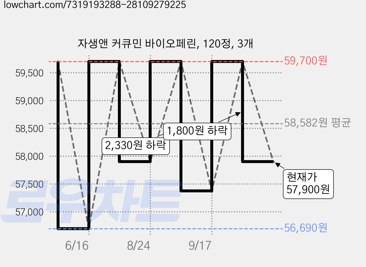 자생앤 커큐민 바이오페린, 120정, 3개 가격 변동 차트, 현재가 57,900원, 관측 최저가 56,690원