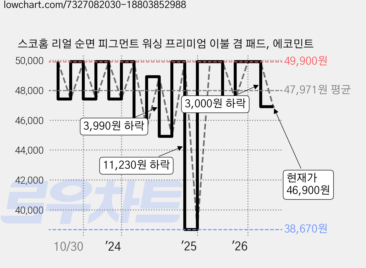 스코홈 리얼 순면 피그먼트 워싱 프리미엄 이불 겸 패드, 에코민트 가격 변동 차트, 현재가 46,900원, 관측 최저가 38,670원
