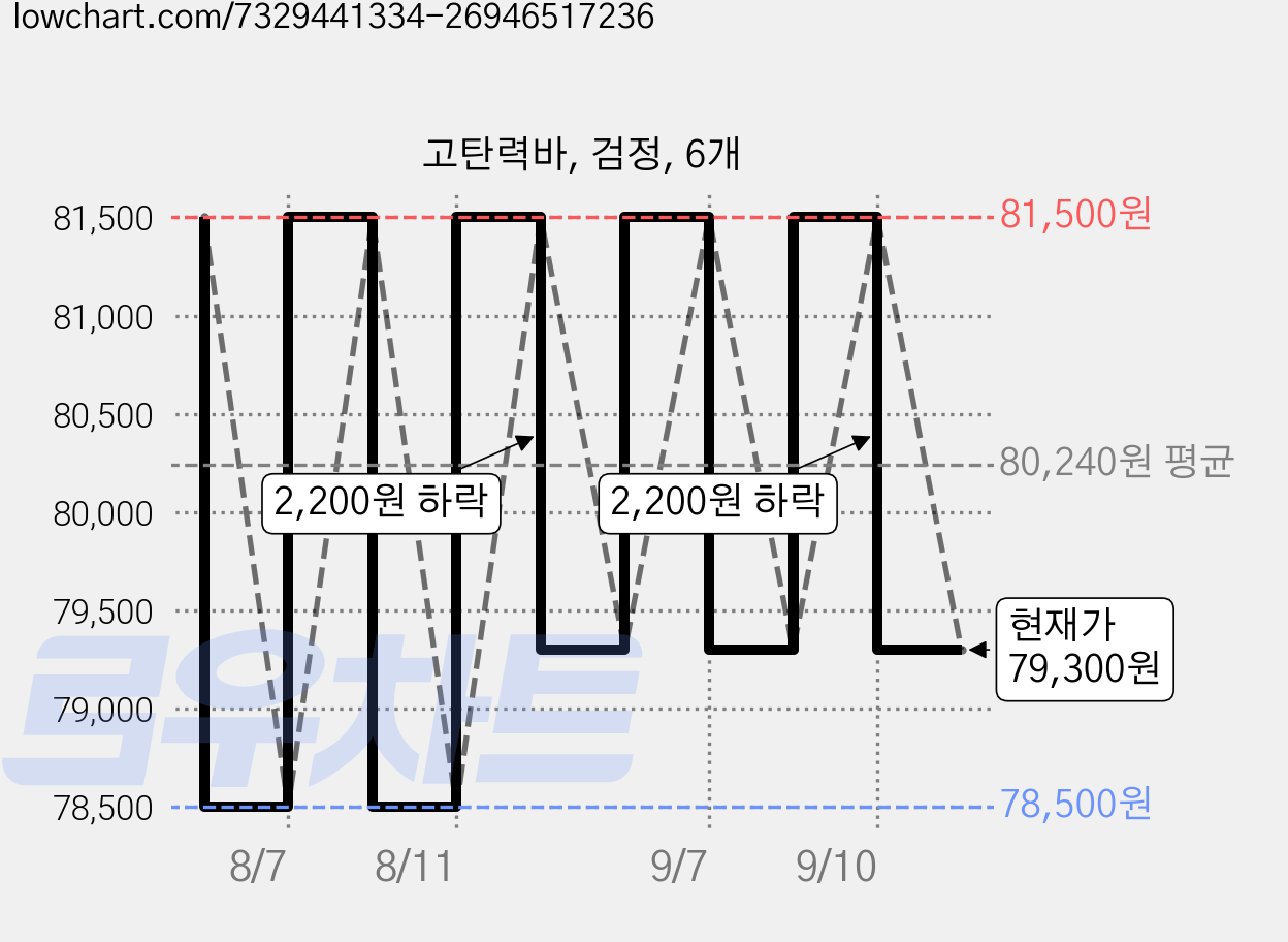 고탄력바, 검정, 6개 가격 변동 차트, 현재가 79,300원, 관측 최저가 78,500원