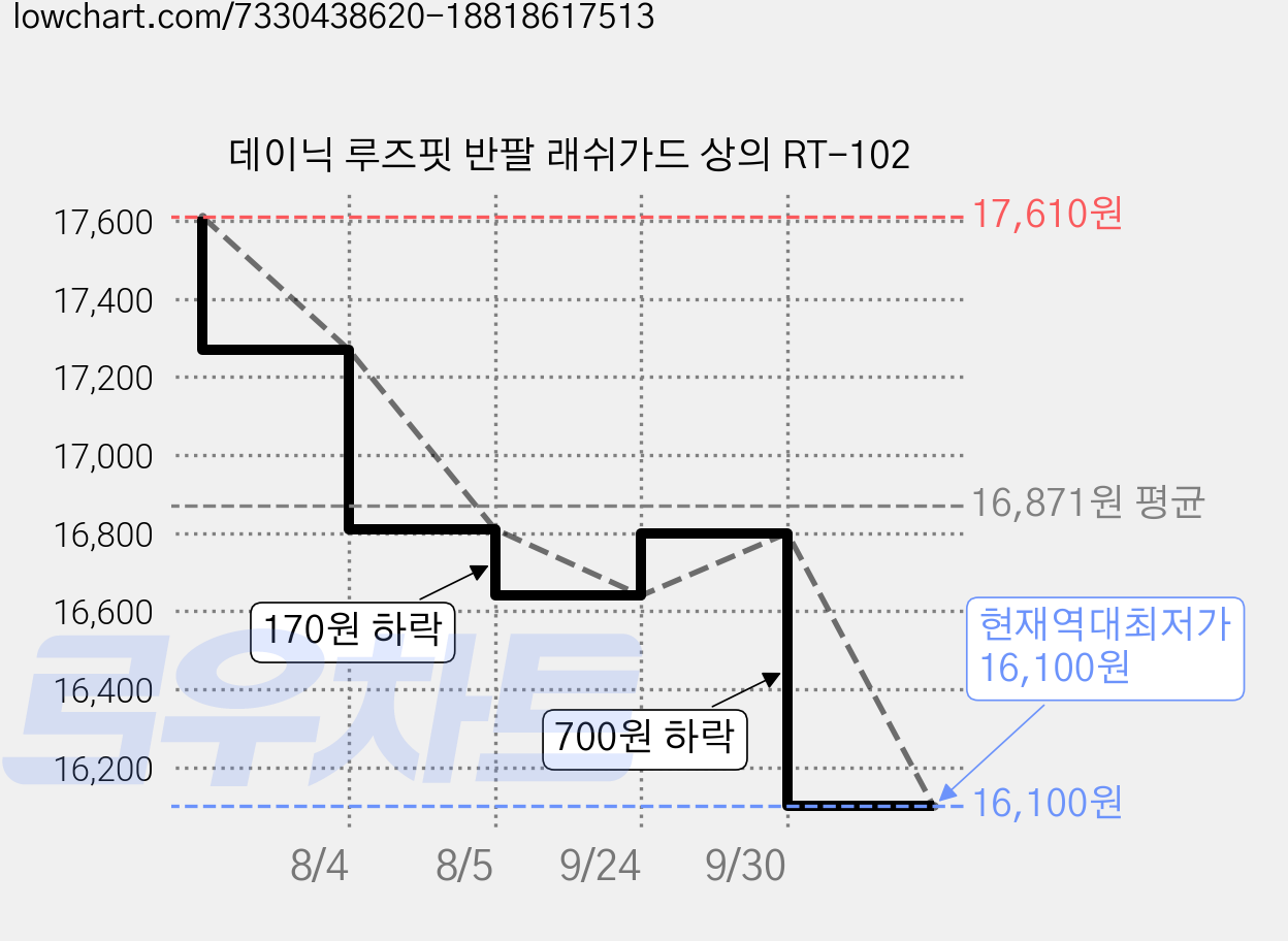 데이닉 루즈핏 반팔 래쉬가드 상의 RT-102 가격 변동 차트, 현재가 16,100원, 역대최저가