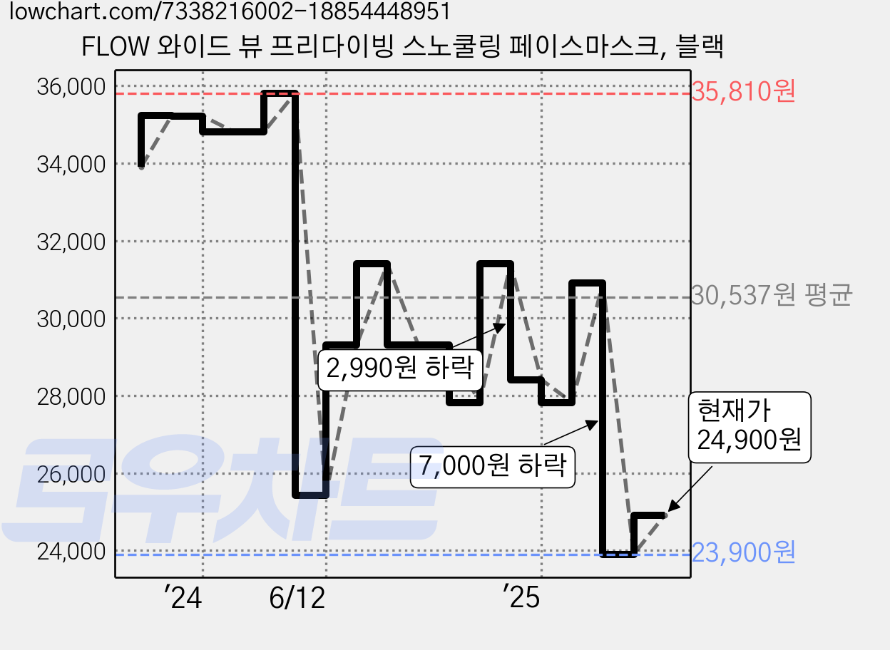FLOW 와이드 뷰 프리다이빙 스노쿨링 페이스마스크, 블랙 가격 변동 차트, 현재가 24,900원, 관측 최저가 23,900원
