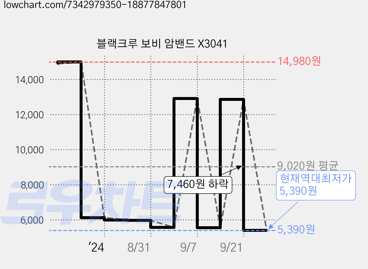 블랙크루 보비 암밴드 X3041 가격 변동 차트, 현재가 5,390원, 역대최저가