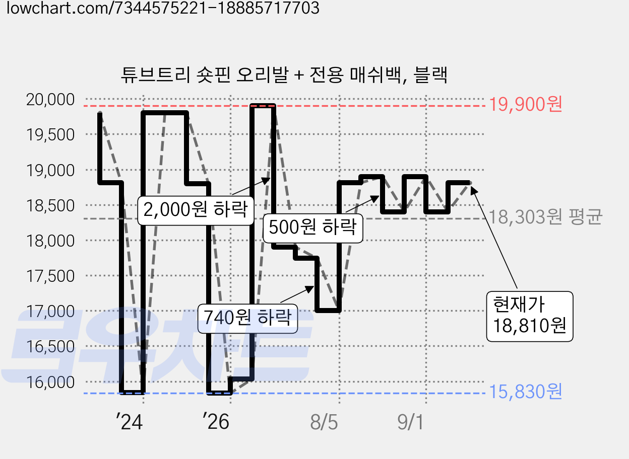 튜브트리 숏핀 오리발 + 전용 매쉬백, 블랙 가격 변동 차트, 현재가 18,810원, 관측 최저가 15,830원