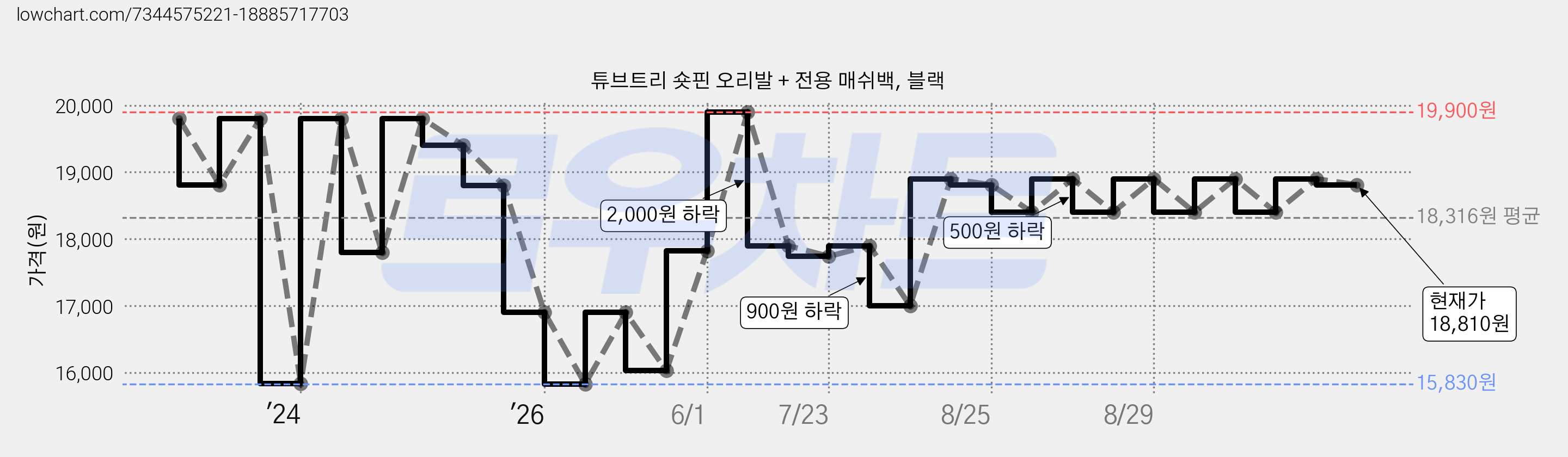 튜브트리 숏핀 오리발 + 전용 매쉬백, 블랙 가격 변동 차트, 현재가 18,810원, 관측 최저가 15,830원