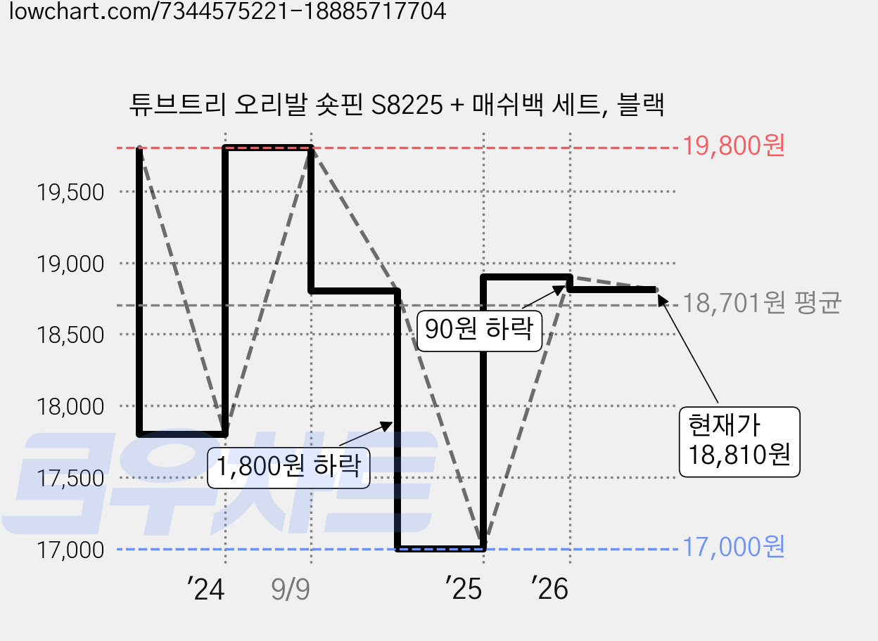 튜브트리 오리발 숏핀 S8225 + 매쉬백 세트, 블랙 가격 변동 차트, 현재가 18,810원, 관측 최저가 17,000원