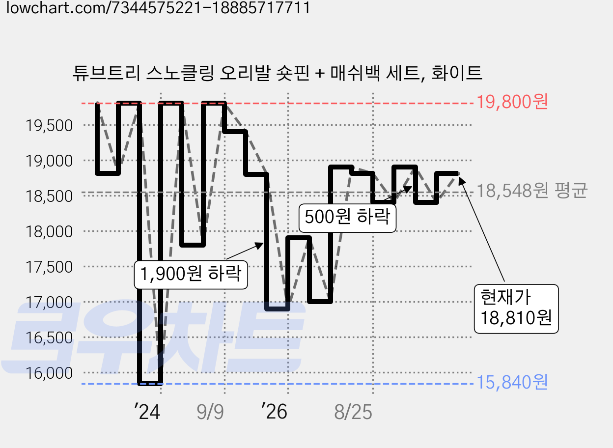 튜브트리 스노클링 오리발 숏핀 + 매쉬백 세트, 화이트 가격 변동 차트, 현재가 18,810원, 관측 최저가 15,840원