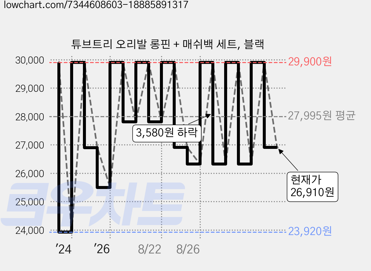 튜브트리 오리발 롱핀 + 매쉬백 세트, 블랙 가격 변동 차트, 현재가 26,910원, 관측 최저가 23,920원
