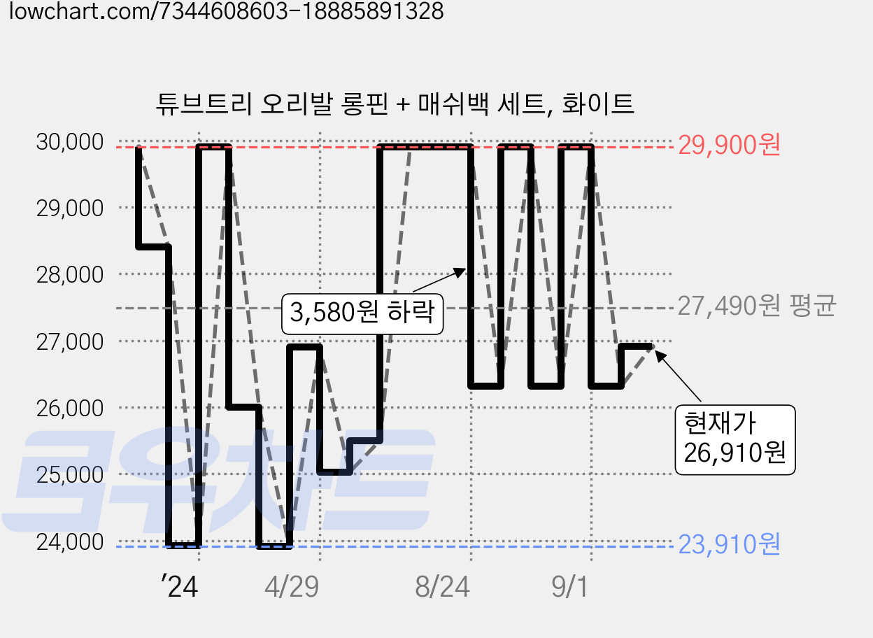 튜브트리 오리발 롱핀 + 매쉬백 세트, 화이트 가격 변동 차트, 현재가 26,910원, 관측 최저가 23,910원