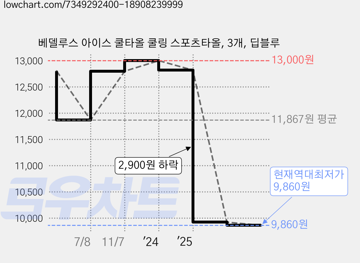 베델루스 아이스 쿨타올 쿨링 스포츠타올, 3개, 딥블루 가격 변동 차트, 현재가 9,860원, 역대최저가