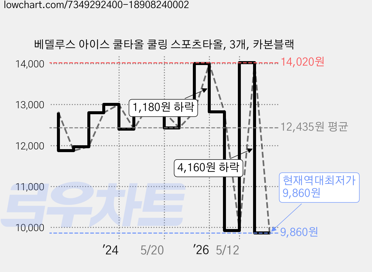 베델루스 아이스 쿨타올 쿨링 스포츠타올, 3개, 카본블랙 가격 변동 차트, 현재가 9,860원, 역대최저가