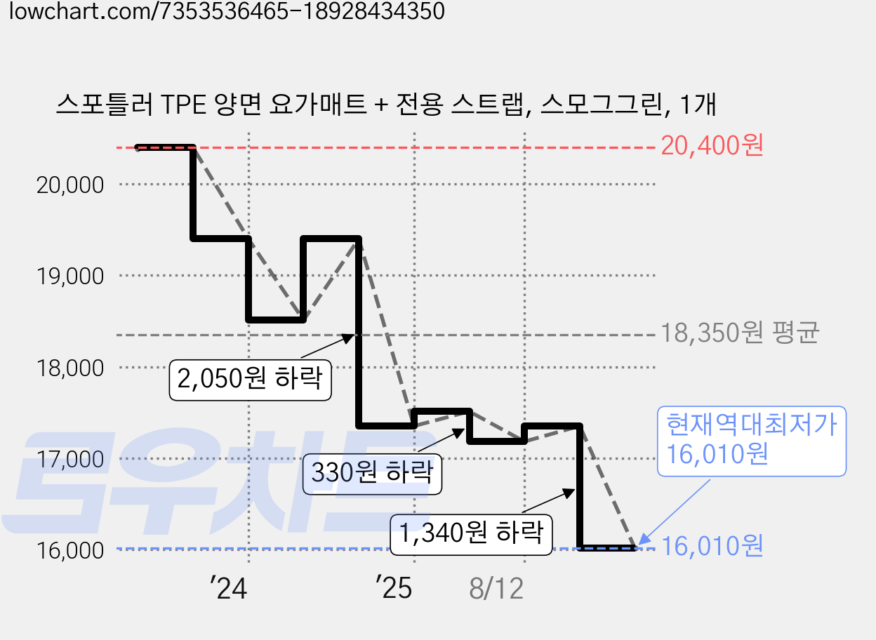 스포틀러 TPE 양면 요가매트 + 전용 스트랩, 스모그그린, 1개 가격 변동 차트, 현재가 16,010원, 역대최저가