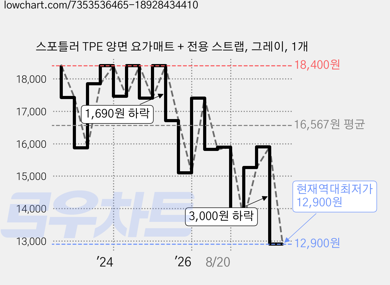 스포틀러 TPE 양면 요가매트 + 전용 스트랩, 그레이, 1개 가격 변동 차트, 현재가 12,900원, 역대최저가