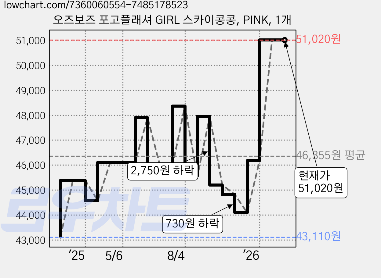 오즈보즈 포고플래셔 GIRL 스카이콩콩, PINK, 1개 가격 변동 차트, 현재가 51,020원, 관측 최저가 43,110원