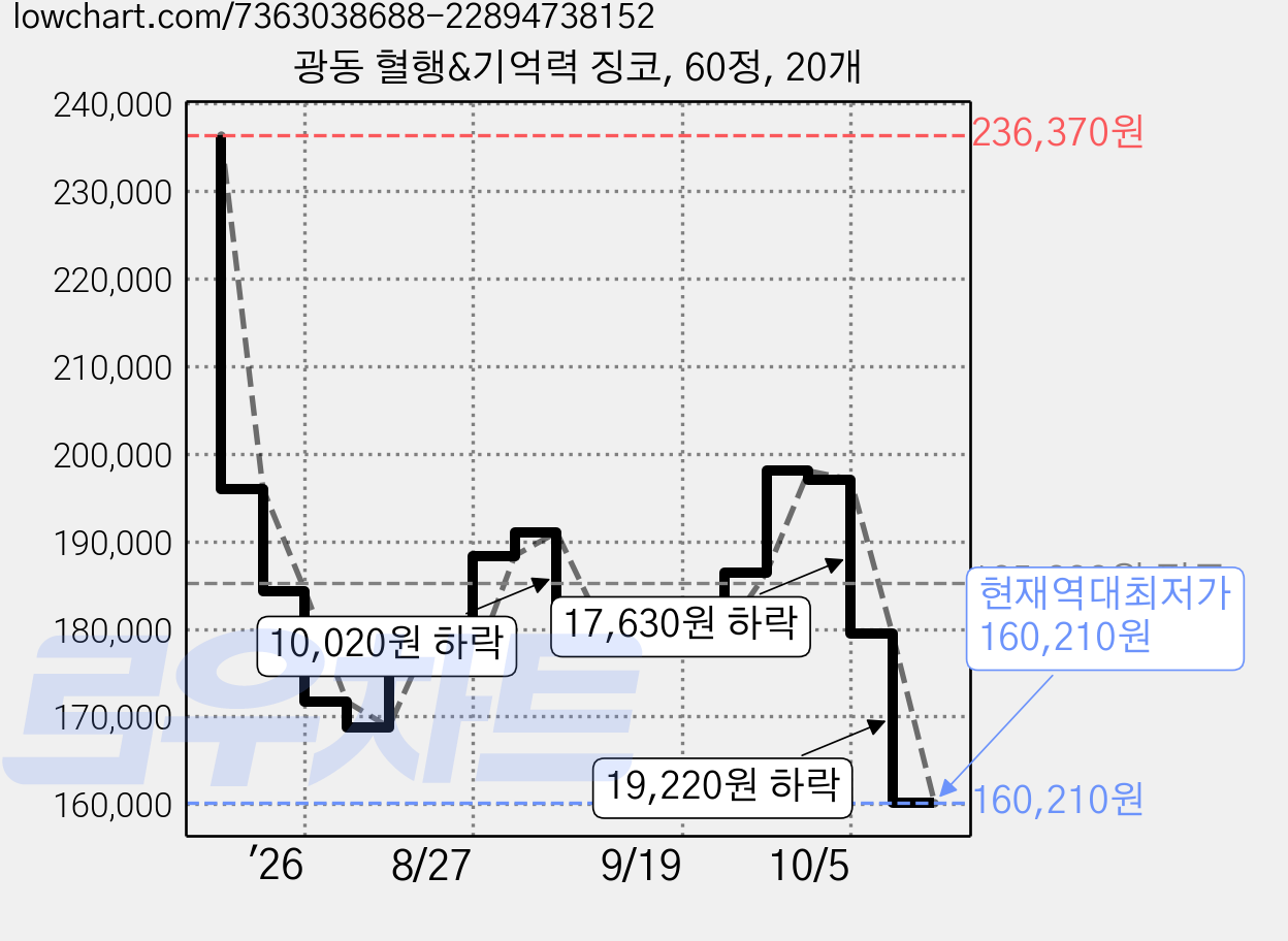 광동 혈행&기억력 징코, 60정, 20개 가격 변동 차트, 현재가 160,210원, 역대최저가