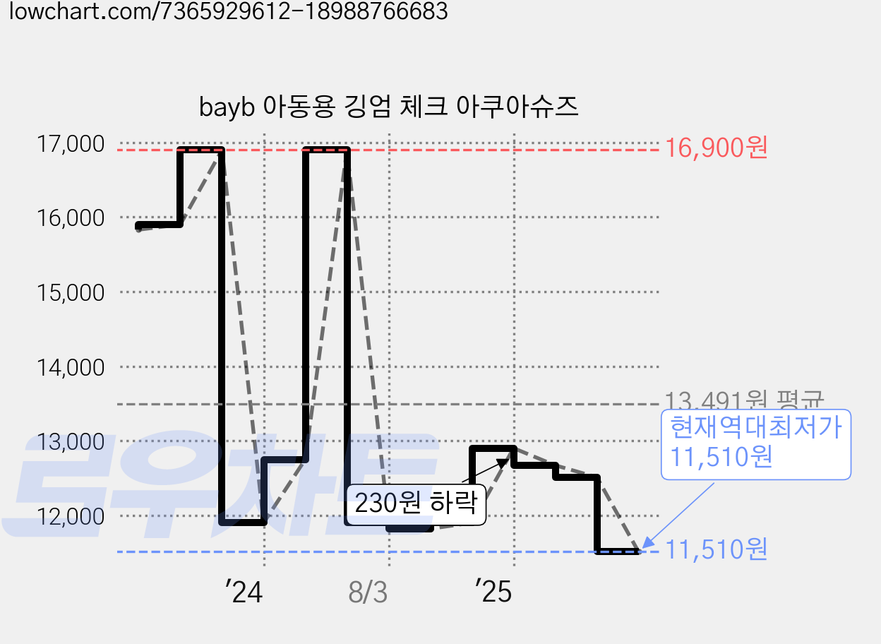 bayb 아동용 깅엄 체크 아쿠아슈즈 가격 변동 차트, 현재가 11,510원, 역대최저가