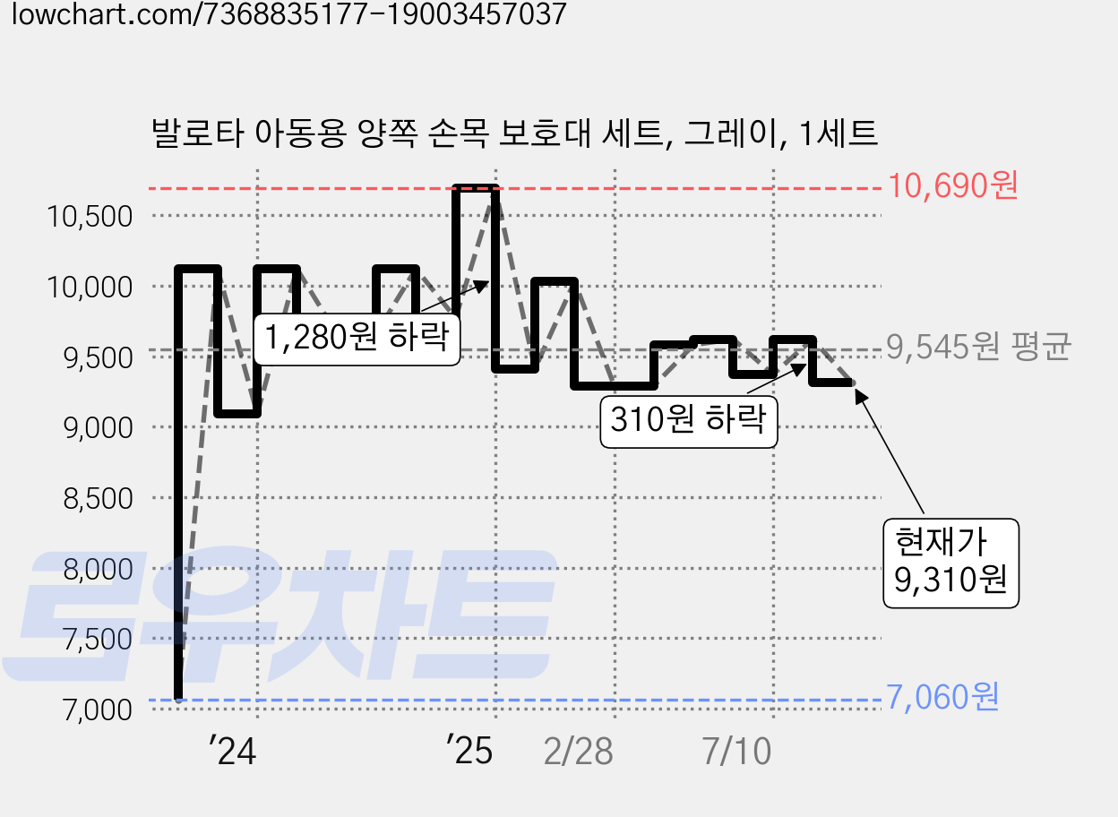 발로타 아동용 양쪽 손목 보호대 세트, 그레이, 1세트 가격 변동 차트, 현재가 9,310원, 관측 최저가 7,060원