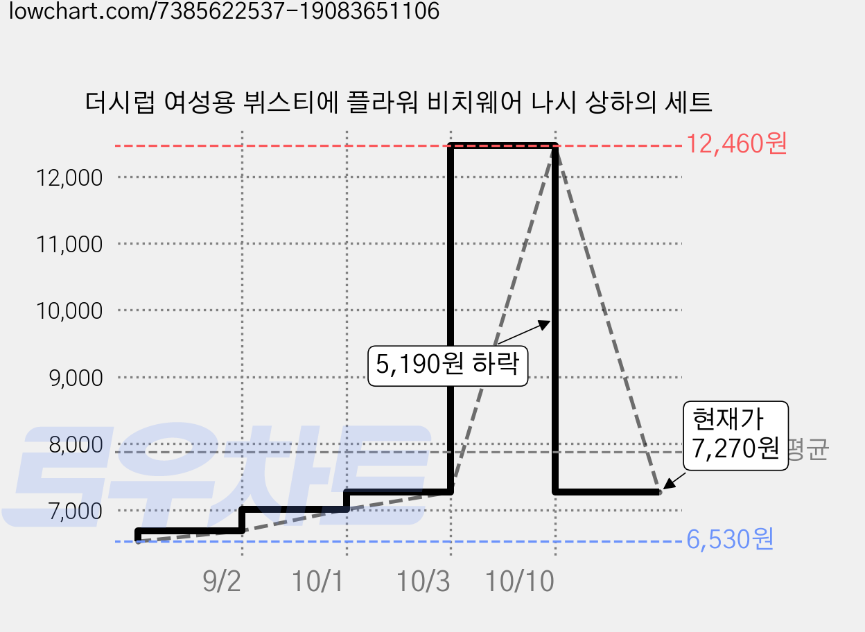 더시럽 여성용 뷔스티에 플라워 비치웨어 나시 상하의 세트 가격 변동 차트, 현재가 7,270원, 관측 최저가 6,530원