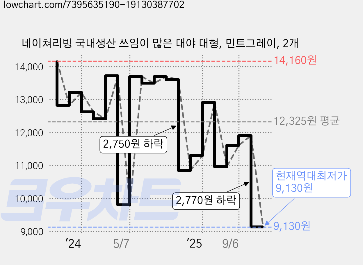 네이쳐리빙 국내생산 쓰임이 많은 대야 대형, 민트그레이, 2개 가격 변동 차트, 현재가 9,130원, 역대최저가