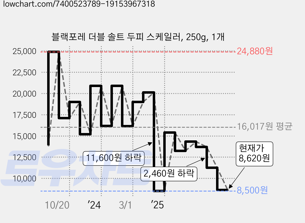 블랙포레 더블 솔트 두피 스케일러, 250g, 1개 가격 변동 차트, 현재가 8,620원, 관측 최저가 8,500원