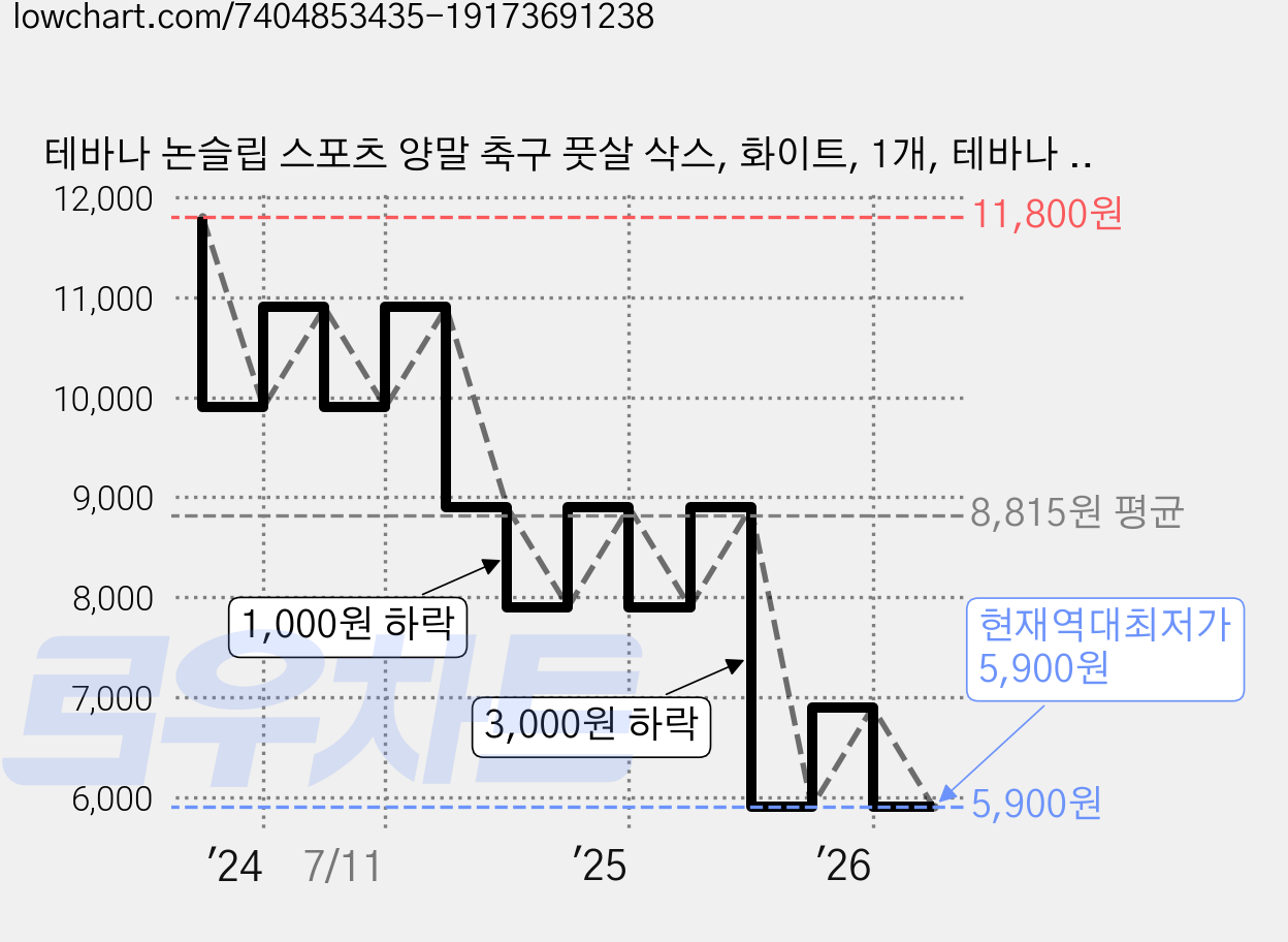 테바나 논슬립 스포츠 양말 축구 풋살 삭스, 화이트, 1개, 테바나 논슬립 양말 가격 변동 차트, 현재가 5,900원, 역대최저가