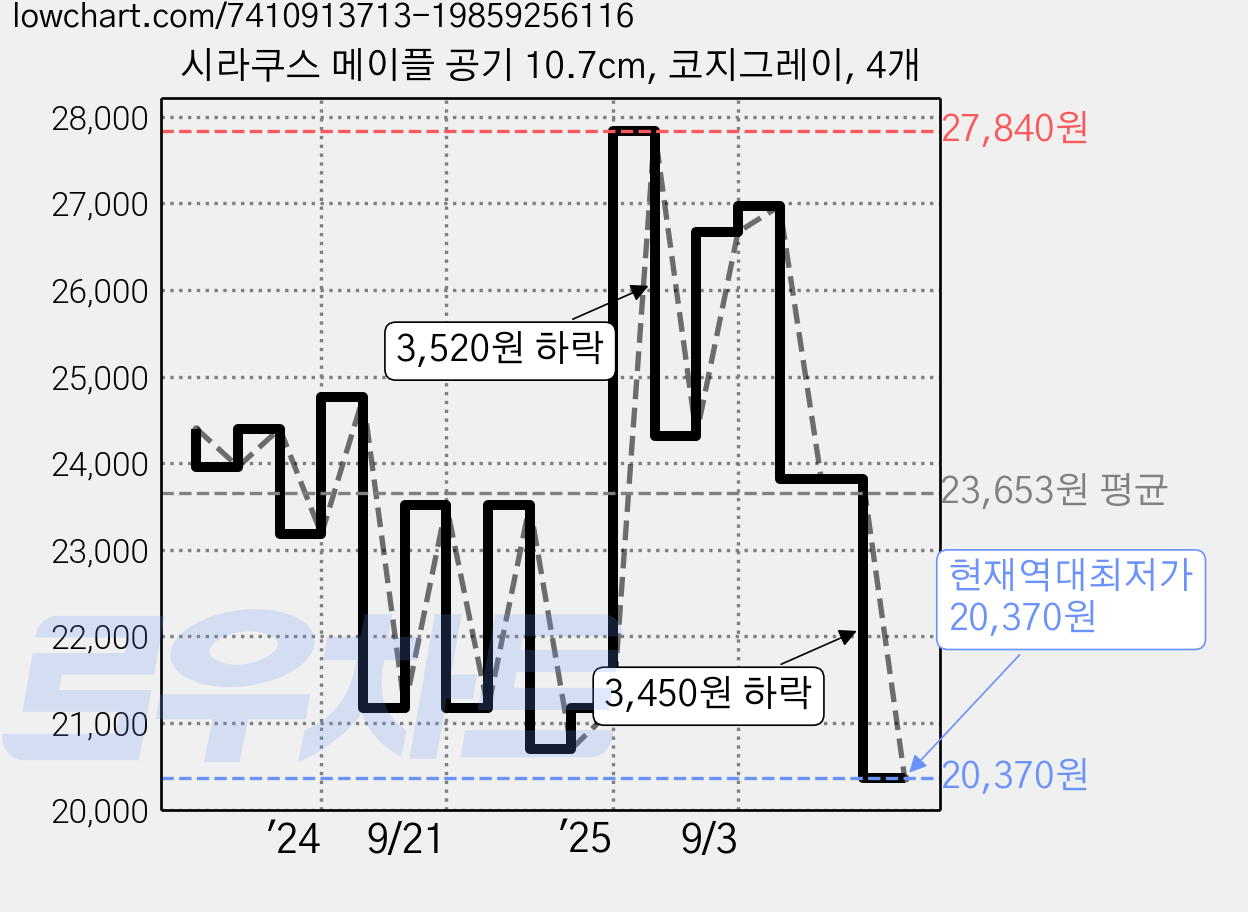 시라쿠스 메이플 공기 10.7cm, 코지그레이, 4개 가격 변동 차트, 현재가 20,370원, 역대최저가