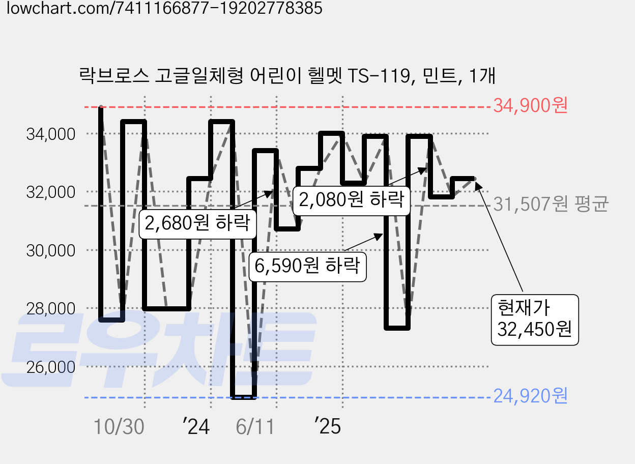 락브로스 고글일체형 어린이 헬멧 TS-119, 민트, 1개 가격 변동 차트, 현재가 32,450원, 관측 최저가 24,730원