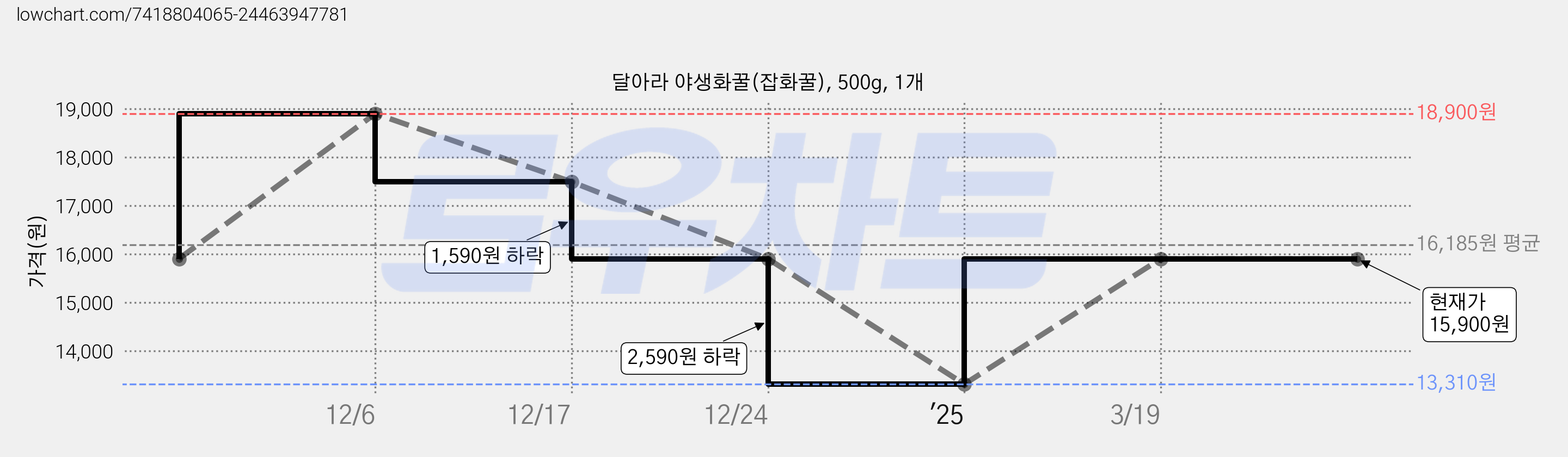 달아라 야생화꿀(잡화꿀), 500g, 1개 가격 변동 차트, 현재가 15,900원, 관측 최저가 13,310원