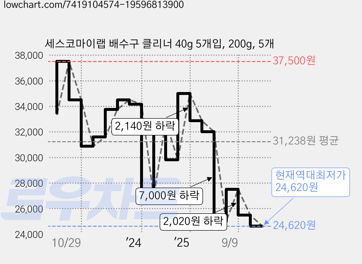 세스코마이랩 배수구 클리너 40g 5개입, 200g, 5개 가격 변동 차트, 현재가 24,620원, 역대최저가