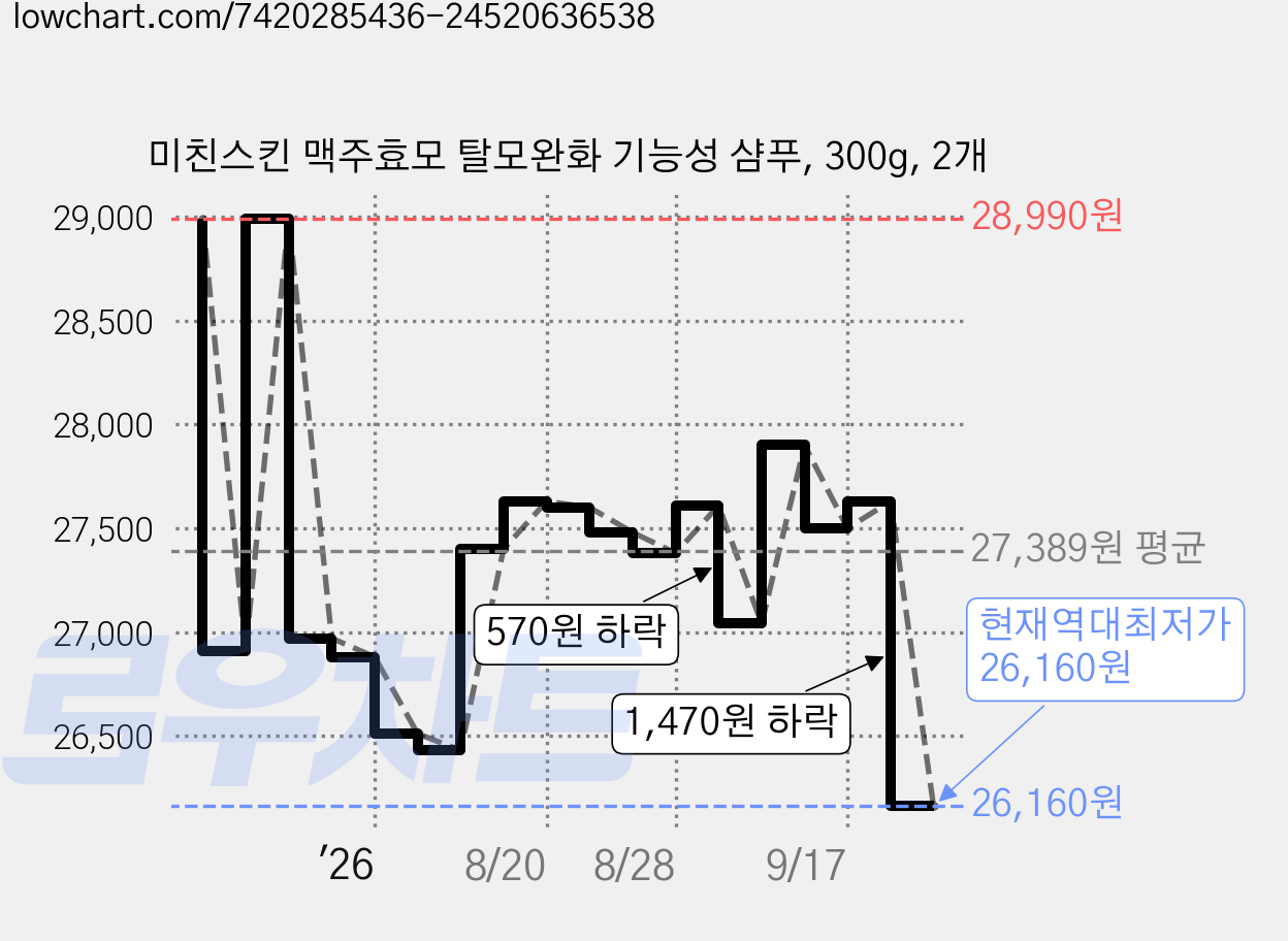 미친스킨 맥주효모 탈모완화 기능성 샴푸, 300g, 2개 가격 변동 차트, 현재가 26,160원, 역대최저가