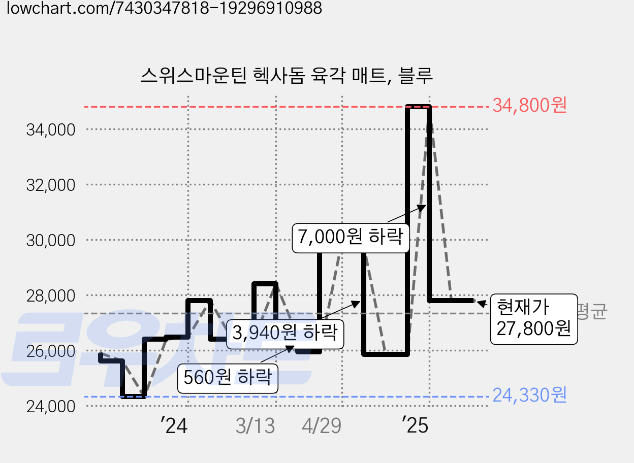 스위스마운틴 헥사돔 육각 매트, 블루 가격 변동 차트, 현재가 27,800원, 관측 최저가 24,330원
