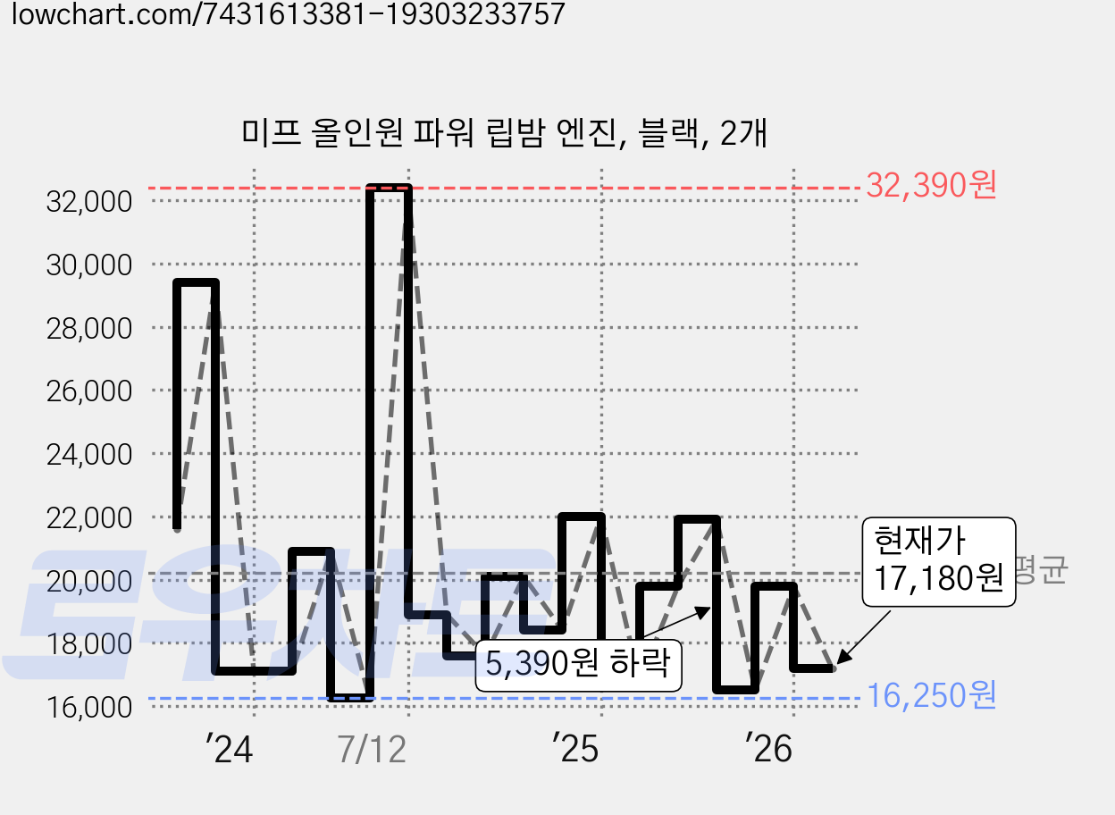 미프 올인원 파워 립밤 엔진, 블랙, 2개 가격 변동 차트, 현재가 17,180원, 관측 최저가 16,250원