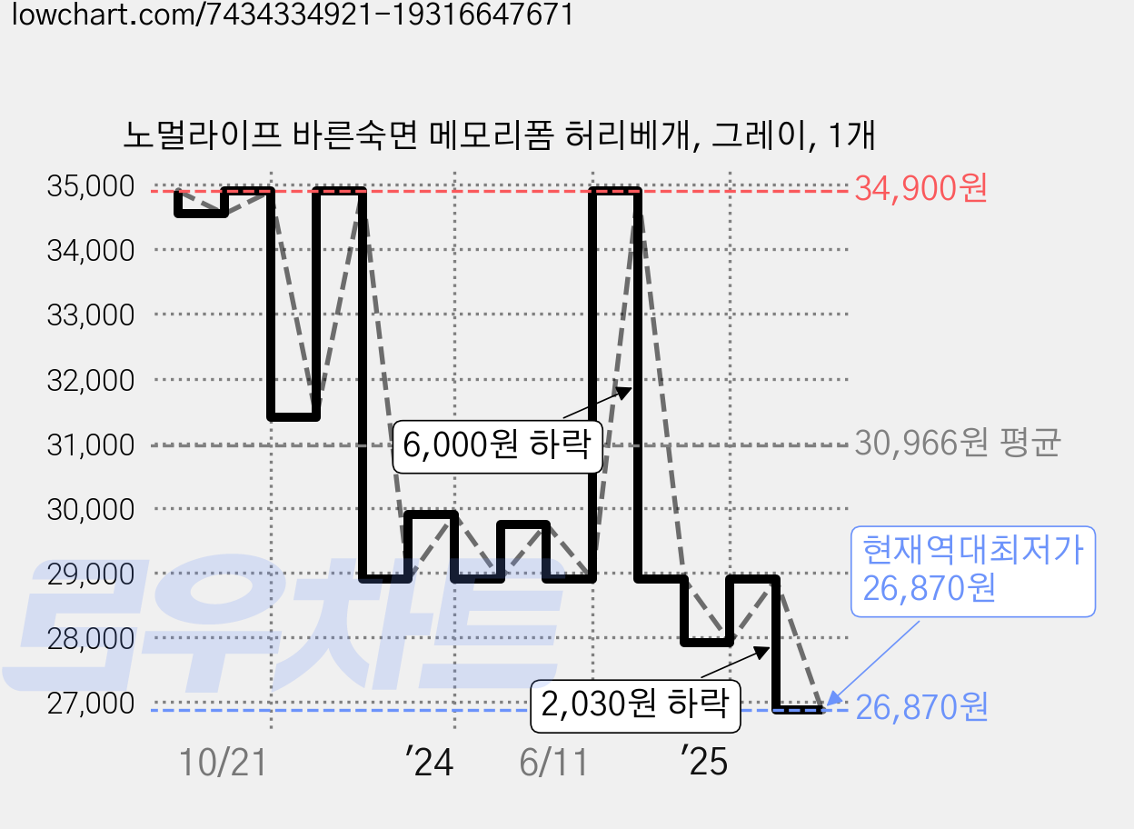 노멀라이프 바른숙면 메모리폼 허리베개, 그레이, 1개 가격 변동 차트, 현재가 26,870원, 역대최저가