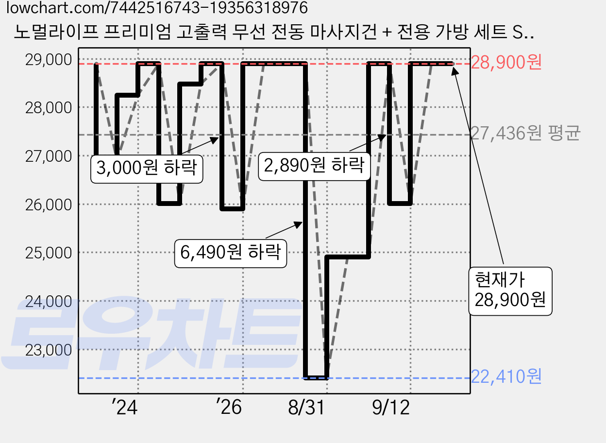 노멀라이프 프리미엄 고출력 무선 전동 마사지건 + 전용 가방 세트 SM-001, 블랙 가격 변동 차트, 현재가 28,900원, 관측 최저가 22,410원