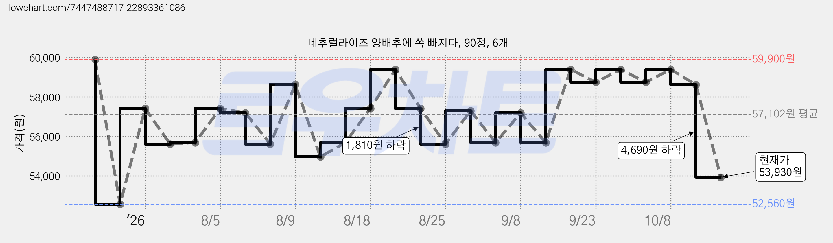 네추럴라이즈 양배추에 쏙 빠지다, 90정, 6개 가격 변동 차트, 현재가 53,930원, 관측 최저가 52,560원