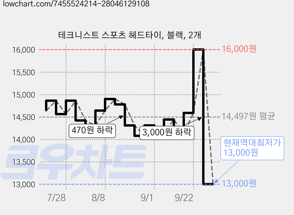 테크니스트 스포츠 헤드타이, 블랙, 2개 가격 변동 차트, 현재가 13,000원, 역대최저가