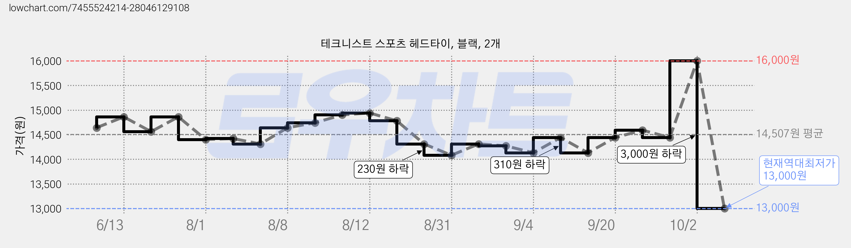 테크니스트 스포츠 헤드타이, 블랙, 2개 가격 변동 차트, 현재가 13,000원, 역대최저가