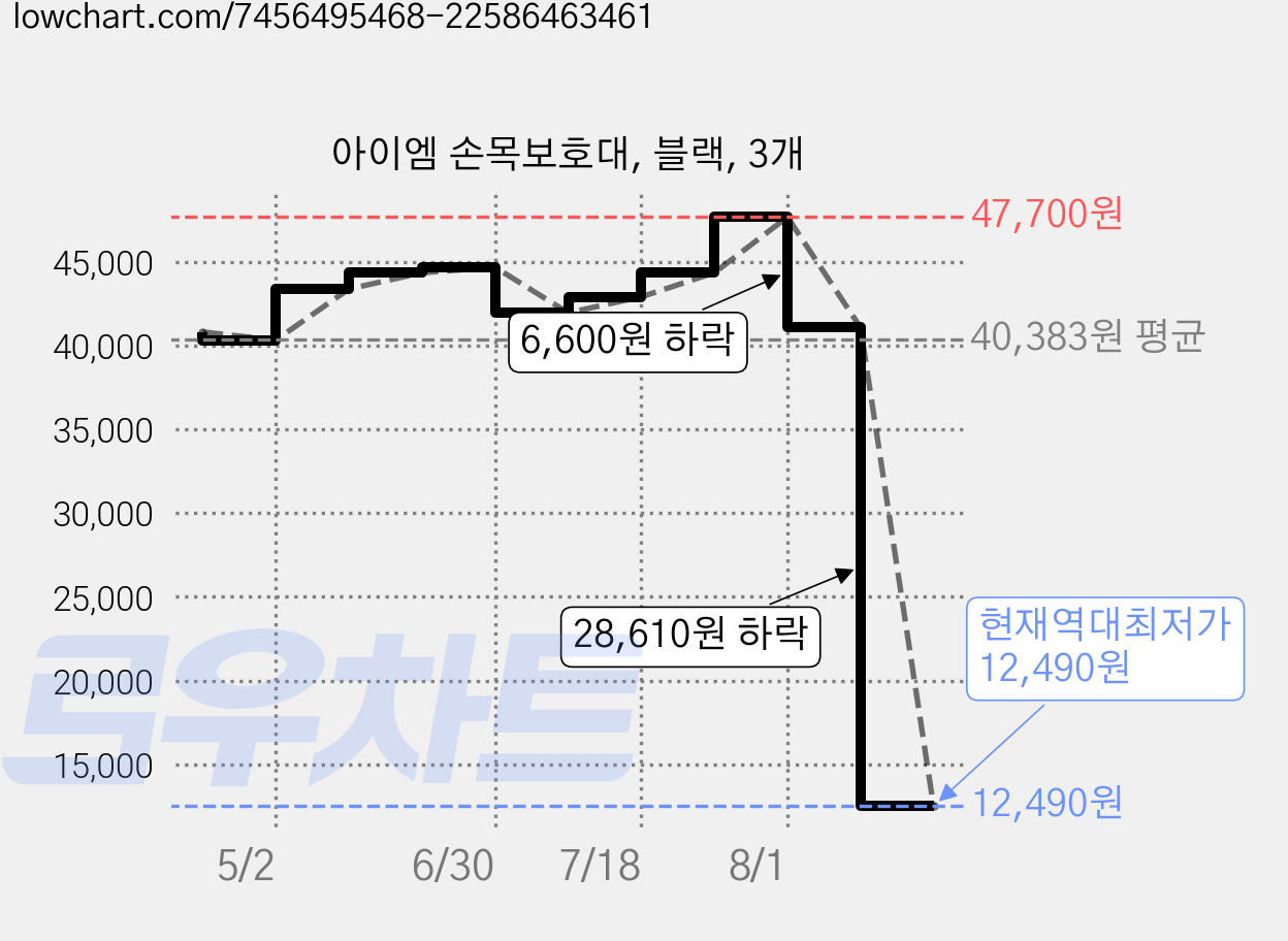 아이엠 손목보호대, 블랙, 3개 가격 변동 차트, 현재가 12,490원, 역대최저가