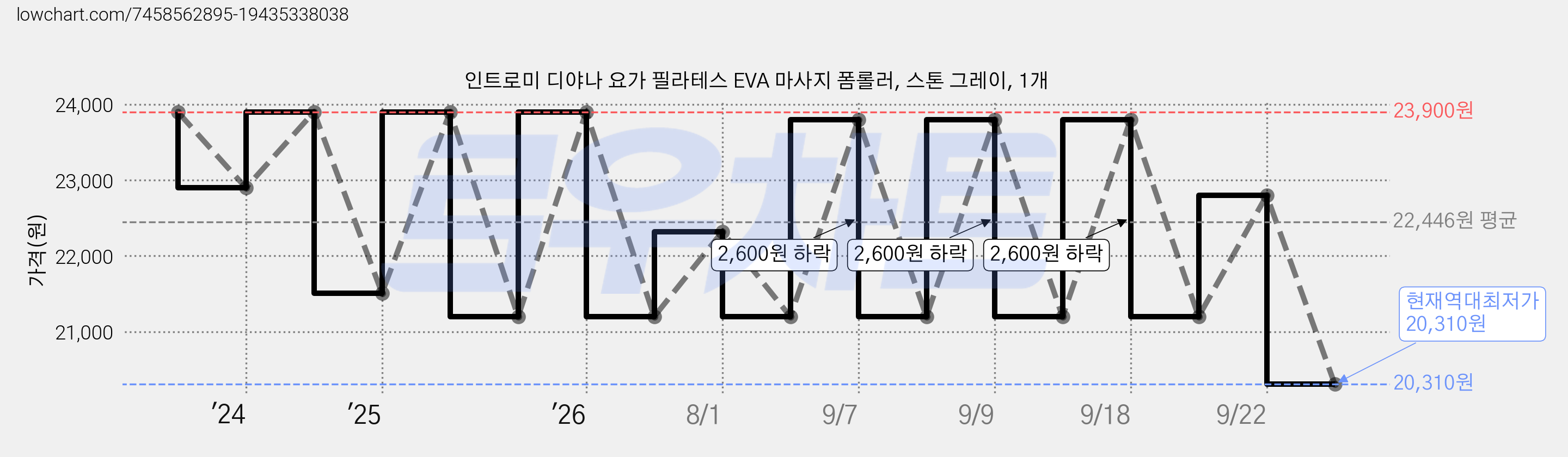 인트로미 디야나 요가 필라테스 EVA 마사지 폼롤러, 스톤 그레이, 1개 가격 변동 차트, 현재가 20,310원, 역대최저가