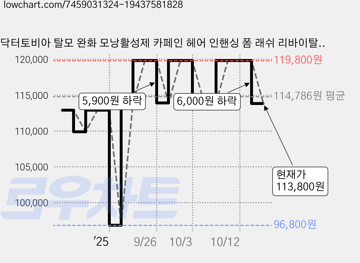 닥터토비아 탈모 완화 모낭활성제 카페인 헤어 인핸싱 폼 래쉬 리바이탈 두피 모발 헤어 토닉 앰플 영양제, 50ml, 2개 가격 변동 차트, 현재가 113,800원, 관측 최저가 96,800원