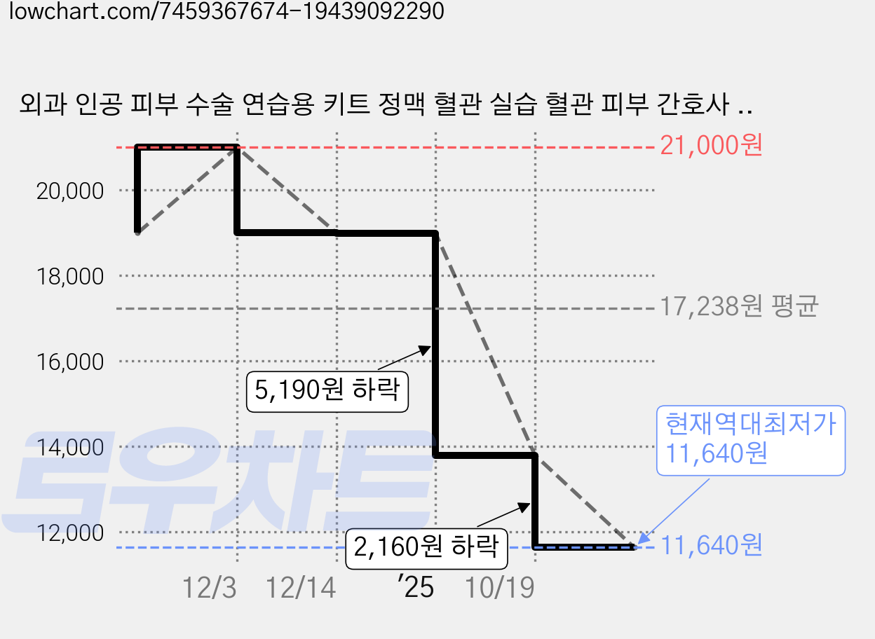 외과 인공 피부 수술 연습용 키트 정맥 혈관 실습 혈관 피부 간호사 패드 인조 스킨 봉합 절개 모형, 인공피부 가격 변동 차트, 현재가 11,640원, 역대최저가