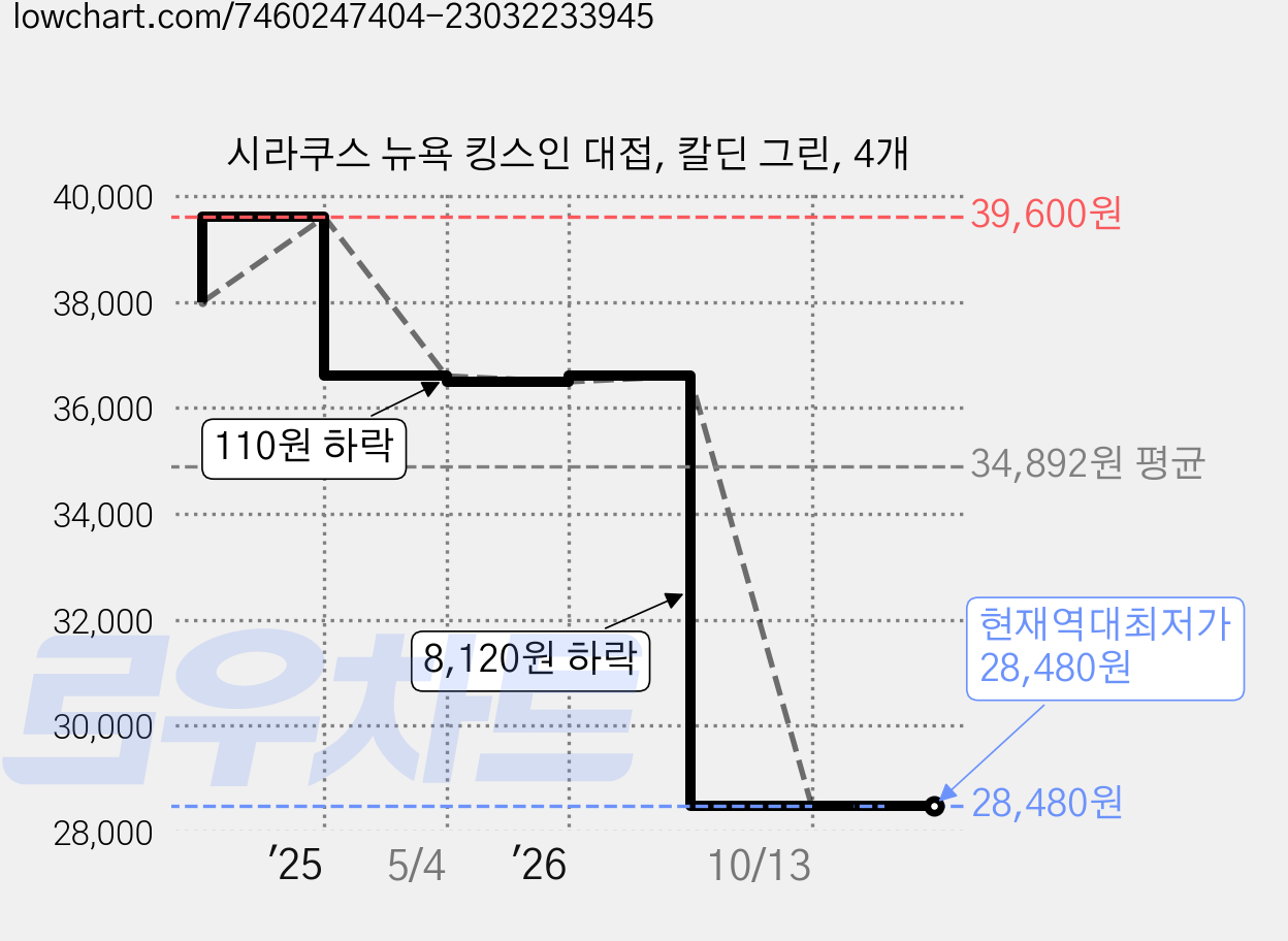 시라쿠스 뉴욕 킹스인 대접, 칼딘 그린, 4개 가격 변동 차트, 현재가 28,480원, 역대최저가