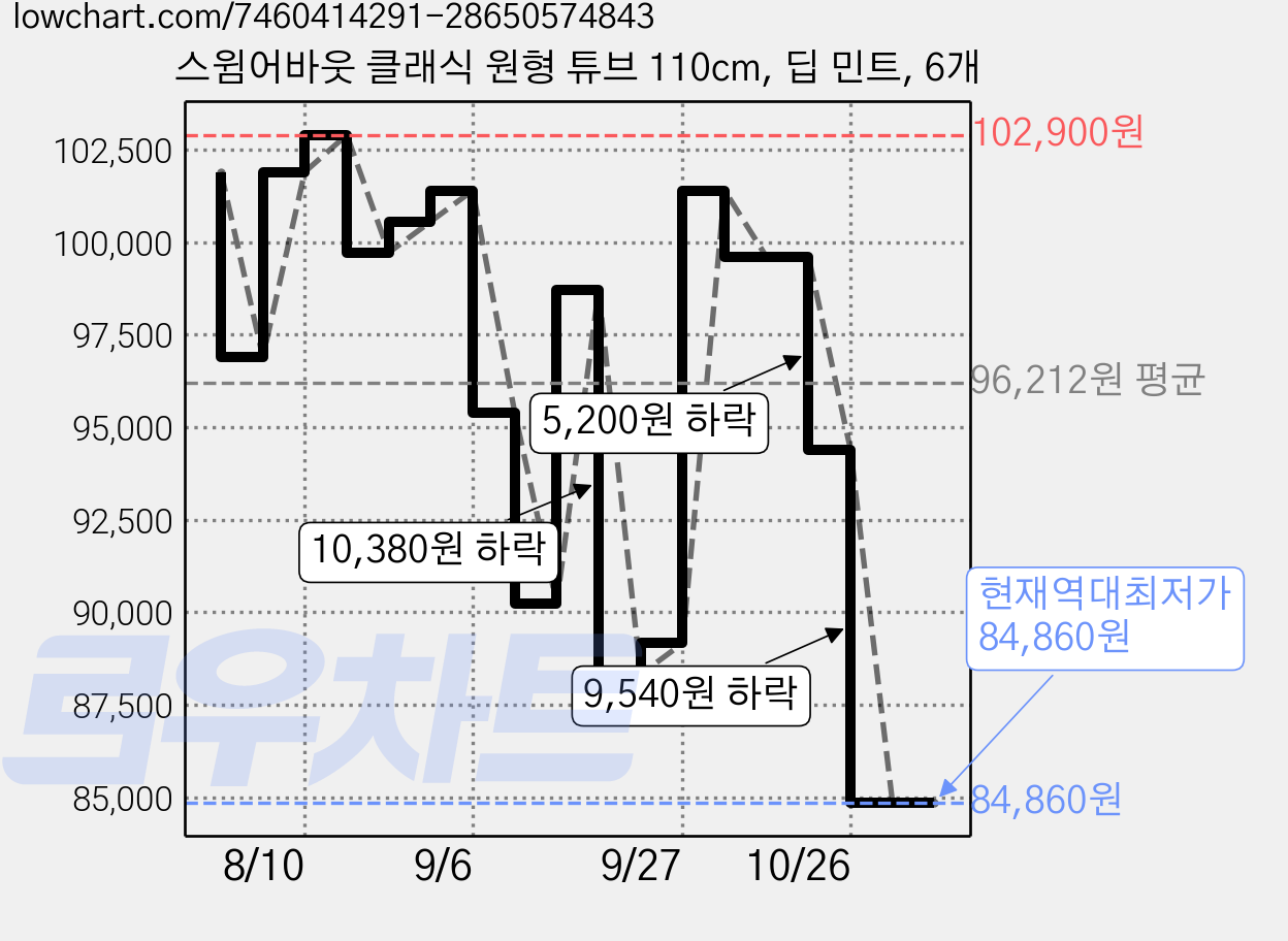 스윔어바웃 클래식 원형 튜브 110cm, 딥 민트, 6개 가격 변동 차트, 현재가 84,860원, 역대최저가
