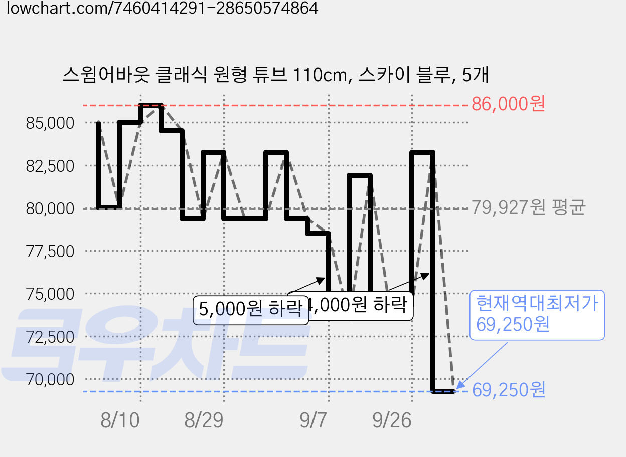 스윔어바웃 클래식 원형 튜브 110cm, 스카이 블루, 5개 가격 변동 차트, 현재가 69,250원, 역대최저가