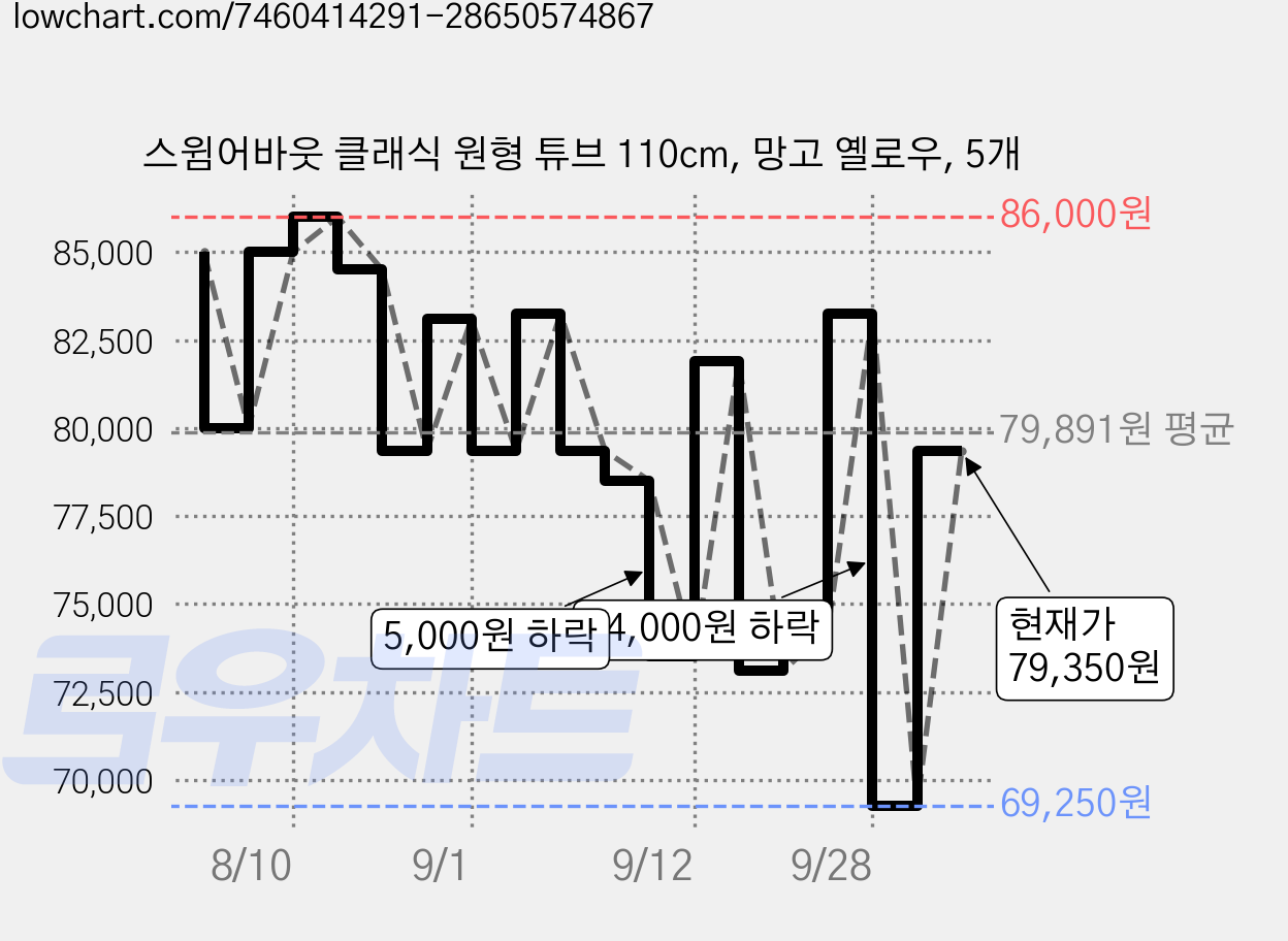 스윔어바웃 클래식 원형 튜브 110cm, 망고 옐로우, 5개 가격 변동 차트, 현재가 79,350원, 관측 최저가 69,250원
