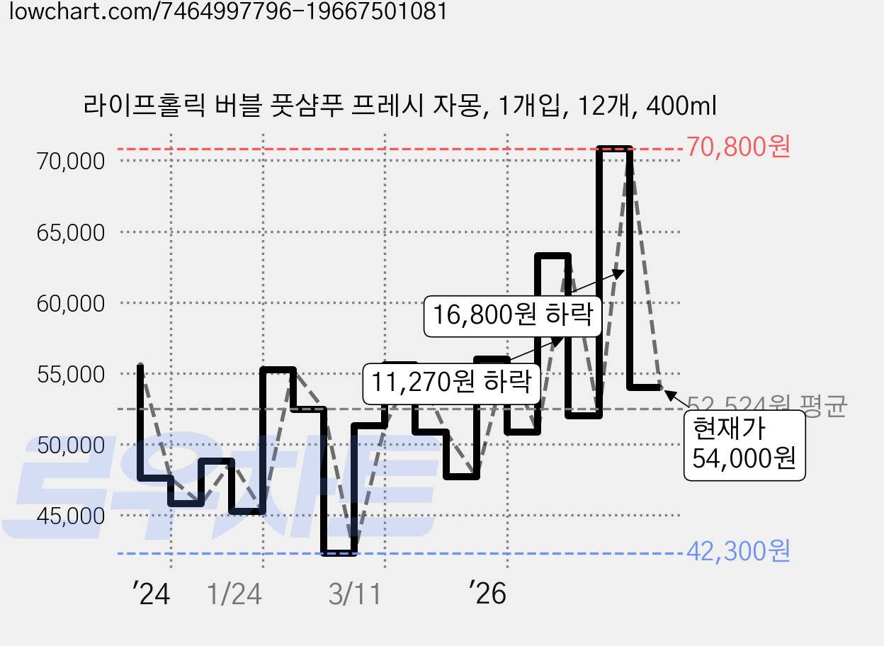 라이프홀릭 버블 풋샴푸 프레시 자몽, 1개입, 12개, 400ml 가격 변동 차트, 현재가 54,000원, 관측 최저가 42,300원
